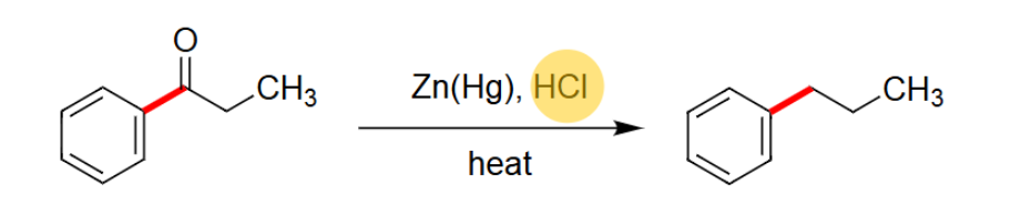 <ul><li><p>Reacts using Zn(Hg) and HCl.</p></li><li><p>Needs heat. </p></li><li><p>Uses acidic conditions.</p></li><li><p>Takes off the =O. </p></li></ul><p></p>