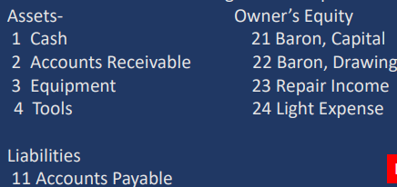 <ul><li><p>It is simply a<strong> listing of all account titles, the number and nature</strong> of which depend on the type of business operation.</p></li><li><p>The <strong>accounts are properly arranged</strong> with the assets followed by the liabilities and the owner's equity.</p></li><li><p>Account numbers are assigned for easy reference usually with an allowance for accounts to be added.</p></li></ul>