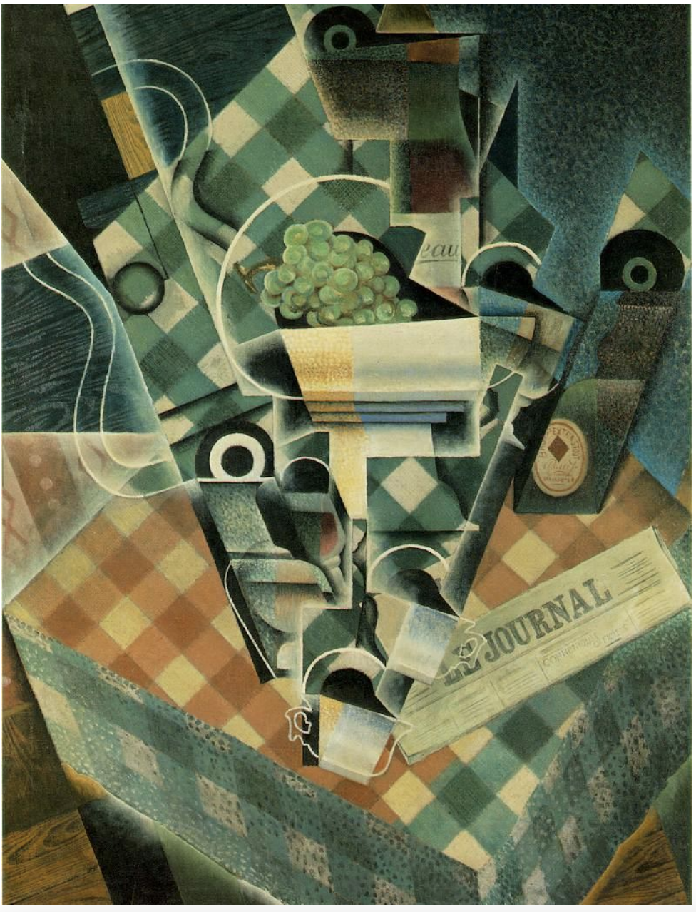 <ul><li><p><span><strong>Key Features</strong>:<br><br></span></p><ul><li><p><span>A still life composed of fragmented, angular objects arranged in a complex, layered composition.<br><br></span></p></li><li><p><span>Gris employs the techniques of Cubism to break down the objects into geometric shapes and rearrange them in abstract forms.<br><br></span></p></li><li><p><span>The checkered tablecloth introduces a pattern that contrasts with the more angular, disjointed elements.<br><br></span></p></li></ul></li><li><p><span><strong>Memorable Fact</strong>: Gris was a leading figure in Synthetic Cubism, which used more recognizable shapes and forms compared to earlier, more abstract Cubism.</span></p></li></ul><p></p>