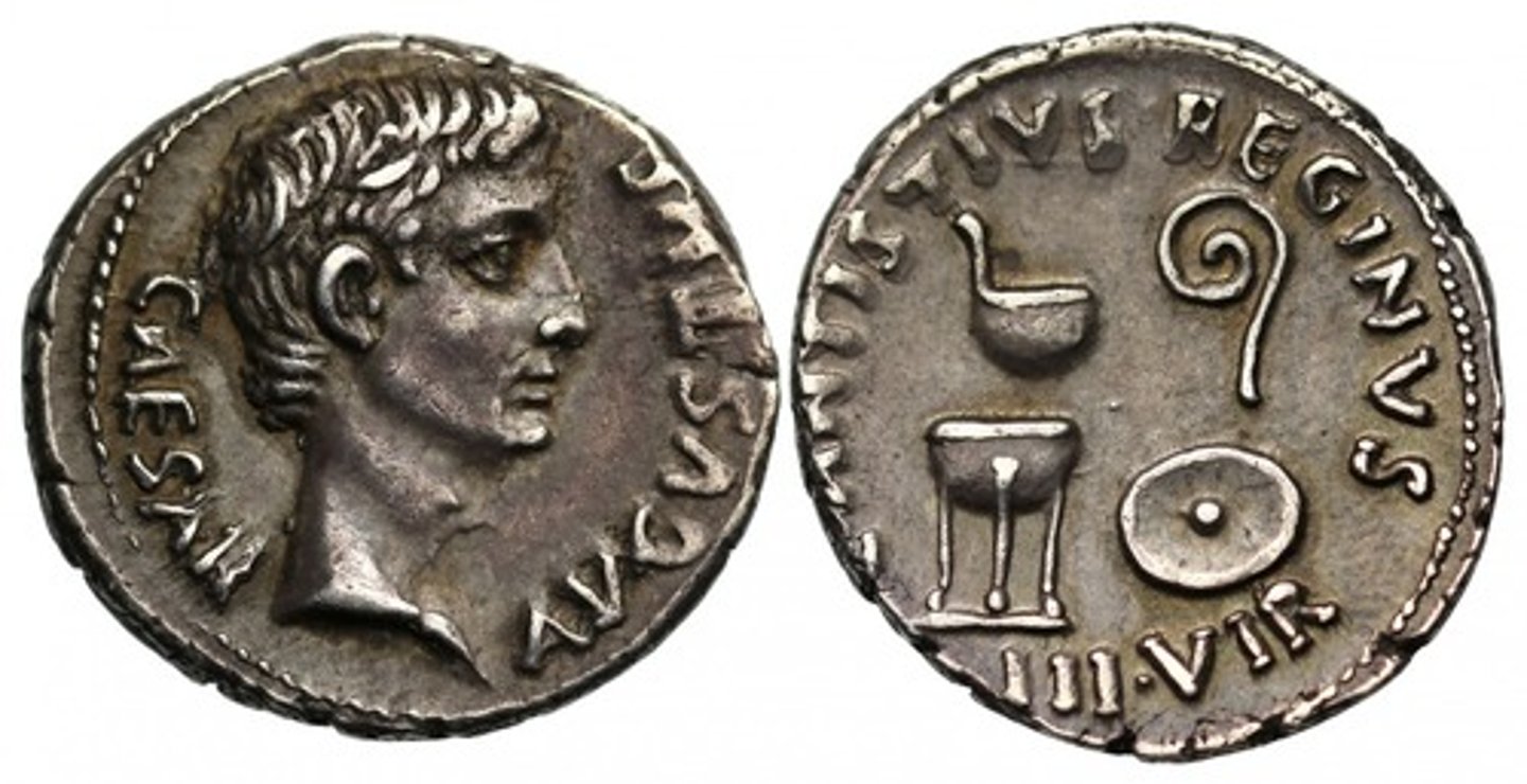 <p>- denarius, widely circulated</p><p>- obv. bareheaded Augustus</p><p>- rev. religious and sacrificial implements such as simpulum and lituus</p><p>- recently been made pontifex maximus, head of religion, as well as being a member of all the priestly colleges</p><p>- Ara pacis commissioned by senate in 13 Bc with him and his family engraved on the side, central to religion</p>