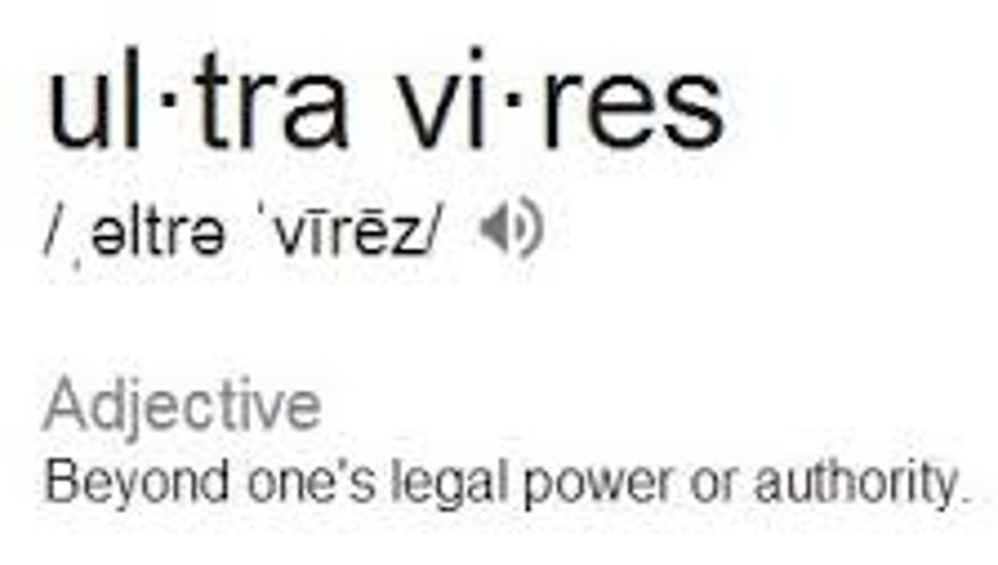 <p>- Rules, regulations, or by-laws made by ministers or bodies are declared invalid by courts because they exceed the authority granted by the parent (enabling) Act of Parliament.</p><p>- Acts as a key judicial check to ensure delegated law complies with primary legislation</p>