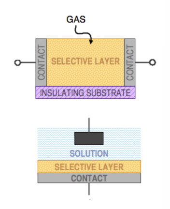 <p></p><ul><li><p>Conductometry is a method with no electrochemical reactions for the electrodes to detect.</p></li><li><p>The most important property of the electrolytic solution is its <strong>conductivity</strong></p><ul><li><p>varies with a wide range of biological reactions.</p></li></ul></li><li><p>Based on measuring changes in resistance of a selective material.</p></li><li><p>Inverse of resistivity = conductivity</p></li><li><p>called conductometric sensors or chemiresistors</p></li><li><p>There are two types of these sensors:</p><ul><li><p><strong>measuring gas</strong>: A selective material, which can change its conductivity upon interaction with chemical species is clamped between two contact electrodes and the resistance of the entire device is measured</p></li><li><p>no gas = no current = maximum resistance</p></li><li><p><strong>measuring solution:</strong> the chemically interactive layer is at the top of an electrode, which is immersed in the solution of electrolyte</p></li></ul></li></ul><p></p>
