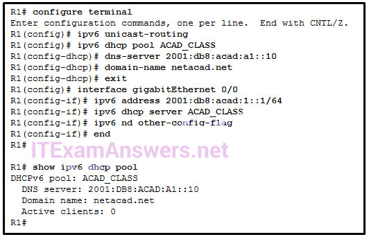 <ol start="8"><li><p>Refer to the exhibit. A network administrator is configuring a router as a DHCPv6 server. The administrator issues a show ipv6 dhcp pool command to verify the configuration. Which statement explains the reason that the number of active clients is 0?</p></li></ol><p></p>