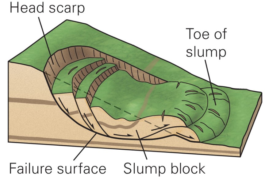 <ul><li><p>landslide in which the mass rotates on a concave failure surface</p></li></ul>