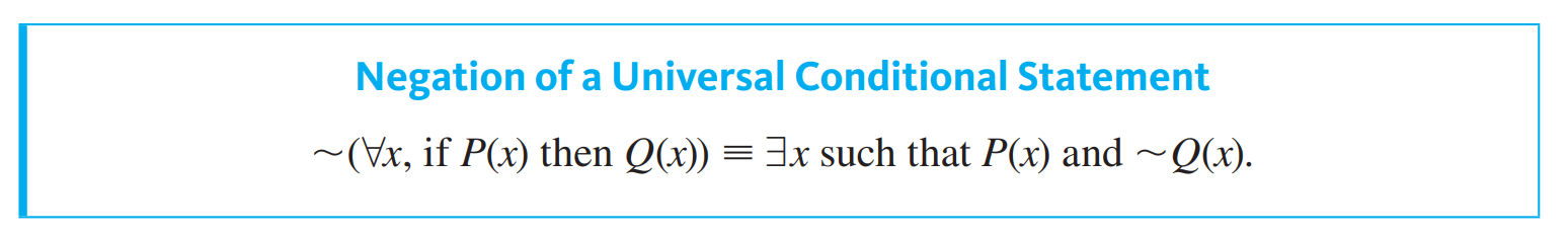 <ul><li><p>The negation of universal statement is Existential statement, and vice versa.</p></li><li><p>The negation of Universal Conditional Statement is Existential and Conjunction statement <em>(with the negation of the second part).</em></p></li></ul><p></p>