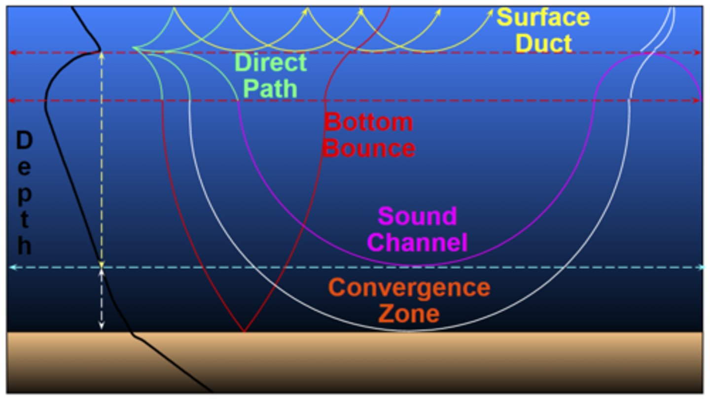 <p>- Direct Path</p><p>- Half Channel</p><p>- Surface Duct</p><p>- Convergence Zone (CZ)</p><p>- Bottom Bounce (BB)</p><p>- Sound Channel</p><p>Be able to draw the picture from slides</p>