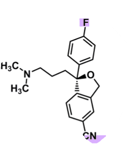 <ul><li><p>pharmacophore: benzofuran&nbsp;</p></li><li><p>Fluorine and cyanide (EWGs) @<strong> para</strong>&nbsp;positions</p><ul><li><p>enhance binding affinity&nbsp;&nbsp;</p></li></ul></li><li><p><strong>only </strong>S-stereoisomer </p></li><li><p>tertiary amine&nbsp;</p><ul><li><p>converted to secondary and primary, both have weak activity&nbsp;</p></li></ul></li></ul><p></p>