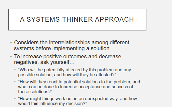 <ul><li><p>basically considers interrelationships among different systems before implementing a solution</p></li><li><p>fyi ex: redesigning drug delivery system to prevent misrouting next time</p></li></ul><p></p>