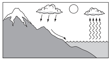 The model shows water cycling through Earth’s systems. The water cycle is affected by energy from the Sun and by the force of gravity.  Which of the following best shows the ways that energy from the Sun and the force of gravity affect the cycling of water?