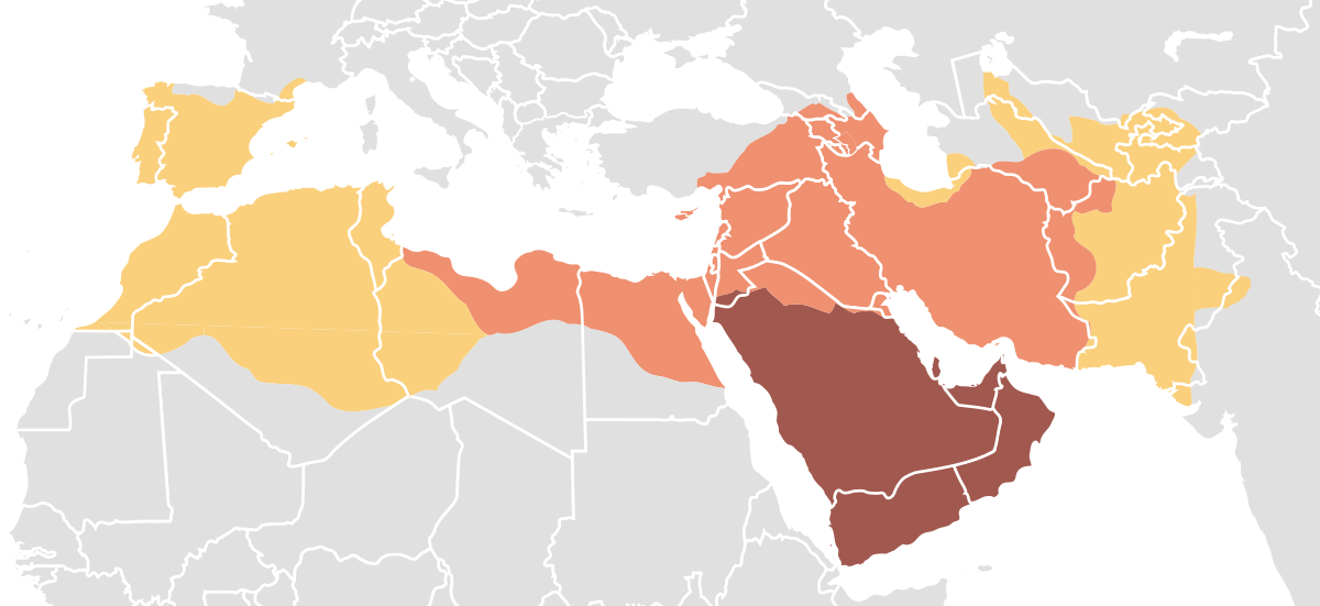 <p>Arabian Peninsula</p><ul><li><p>Syria</p></li><li><p>Egypt</p></li><li><p>Persia</p></li><li><p>North Africa</p></li><li><p>Parts of Spain</p></li></ul>