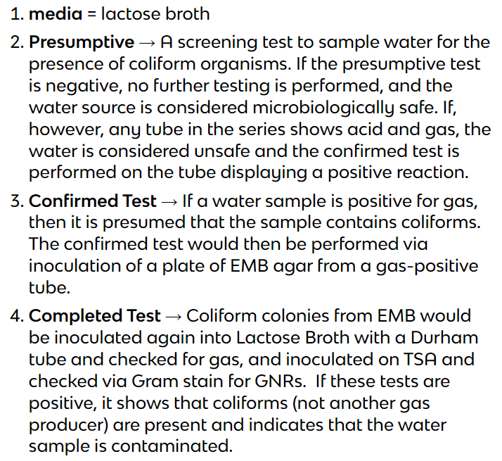 <p><u>No acceptable</u> level for fecal coliforms, enterococci, viruses, or pathogenic protozoans in drinking water</p><ul><li><p><strong>MPN</strong></p><ul><li><p>aka Most Probable Number</p><ul><li><p>Presumptive, confirmatory, and completed tests (photo)</p></li></ul></li><li><p>ADVANTAGES</p><ul><li><p>Reliable, easy, cheap, test</p></li><li><p>Lactose broth is a very nurturing media, so even stressed bacteria may be nurtured into a more viable state</p></li></ul></li><li><p>DISADVANTAGES</p><ul><li><p>You only get a statistical estimation</p></li><li><p>Time-consuming (takes 6 days)</p></li><li><p>does not differentiate between coliforms and fecal coliforms</p></li></ul></li></ul></li><li><p><strong>Membrane Filtration</strong></p><ul><li><p>Not a required test, but frequently performed b/c it is a quick way of identifying coliform</p></li><li><p>After filtration, the filter is placed on selective and differential media, incubated, then colonies are presumptively identified and counted</p></li><li><p>ADVANTAGES</p><ul><li><p>Quicker than MPN</p></li><li><p>Can filter large quantities of water</p></li><li><p>You will get an actual count</p></li></ul></li><li><p>DISADVANTAGES</p><ul><li><p>You are taking potentially injured/fragile/VBNC organisms, and putting them onto a harsh medium which leads to FALSE NEGATIVES → need to do more tests</p></li></ul></li></ul></li><li><p><strong>HPC</strong></p><ul><li><p>Heterotrophic Plate Count</p></li><li><p>Shows us an estimate of how many (heterotrophic) bacteria might be in the water</p><ul><li><p>We would not expect there to be a lot of organisms growing in water - if there are, that would indicate a general concern as to why</p></li><li><p>shows the effectiveness of disinfectants used in water treatment</p></li></ul></li><li><p>ADVANTAGES</p><ul><li><p>Shows a range of bacteria, not just potential pathogens</p></li></ul></li><li><p>DISADVANTAGES</p><ul><li><p>Doesn’t indicate the specific bacteria (is not specific for coliforms)</p></li></ul></li></ul></li></ul>