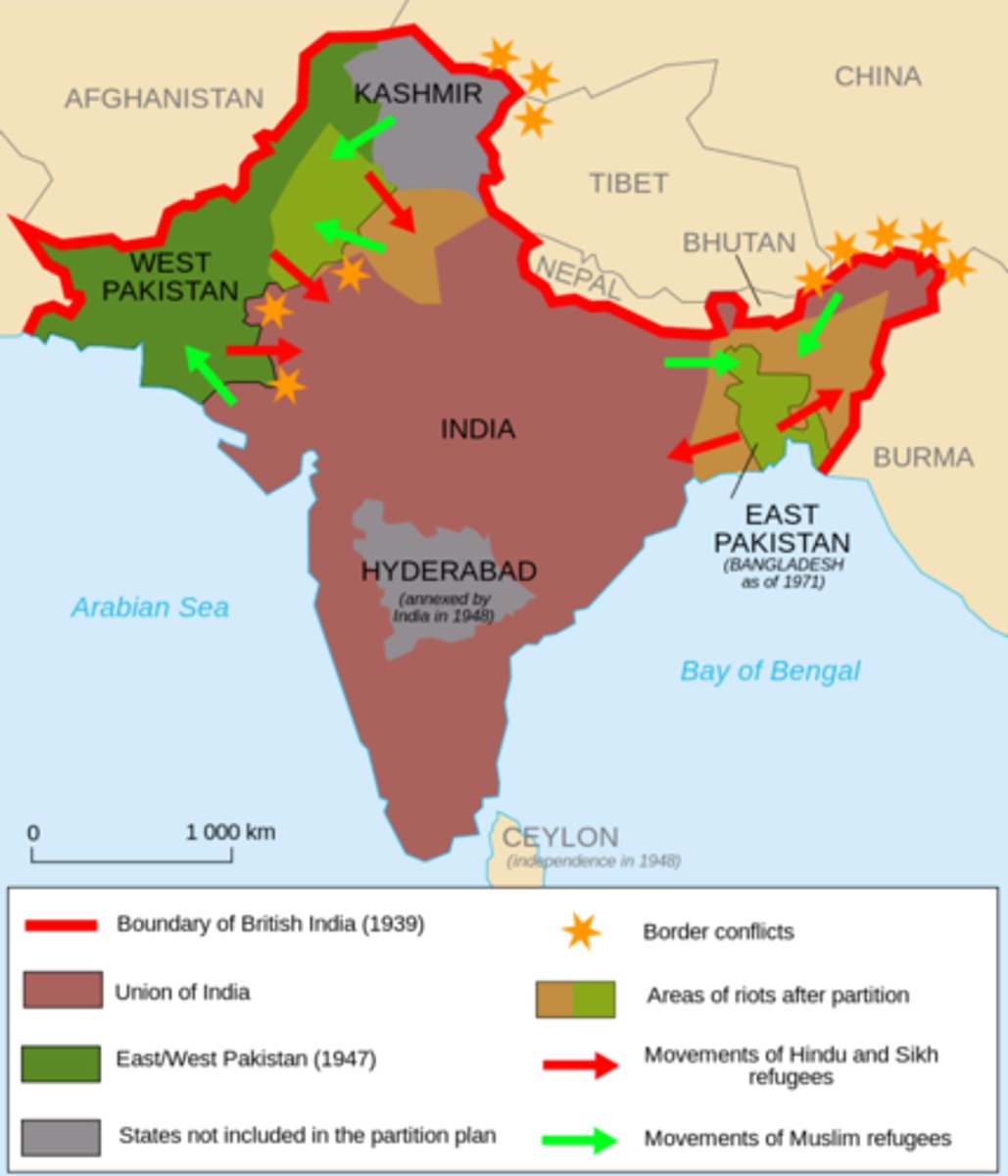 <p>India was separated into 2 countries Pakistan for Muslims and India for Hindus (1947)</p>