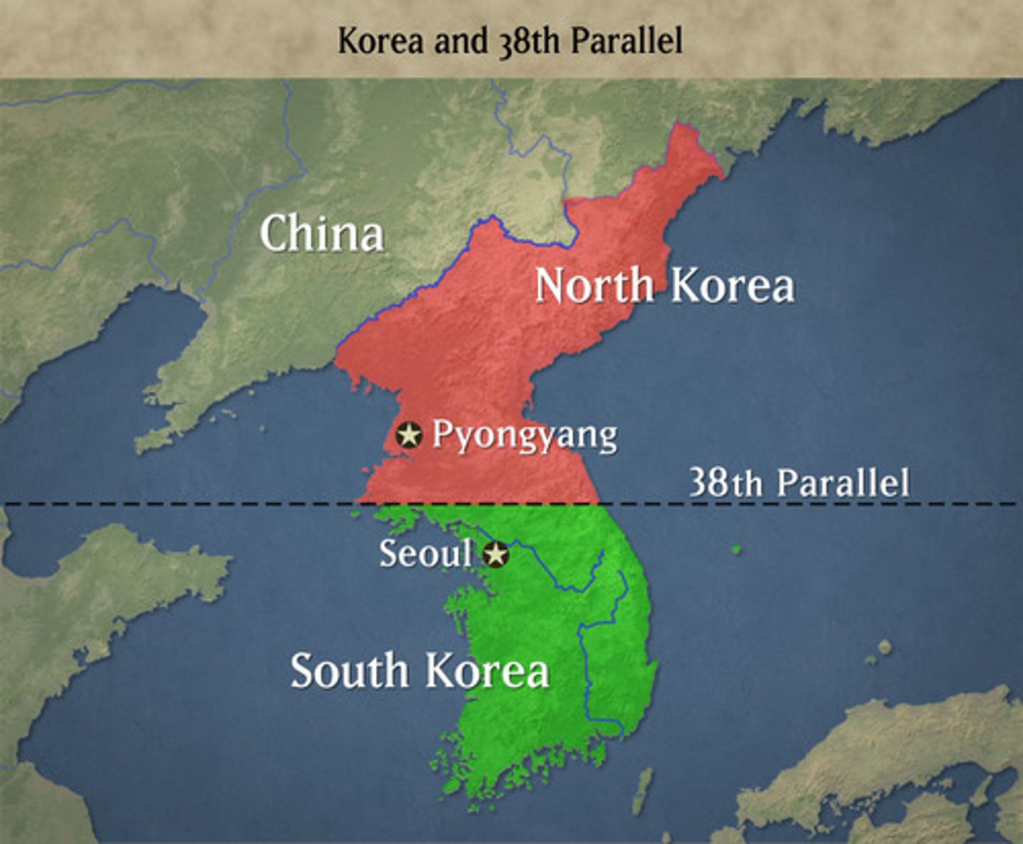<p>Division between North and South Korea- Demilitarized Zone</p>