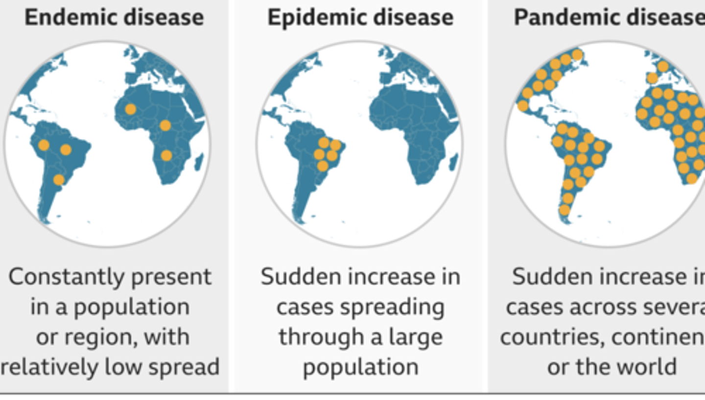 <p>A. CORRECT. A pandemic is an outbreak of a rapidly spreading novel infection that affects a large number of people across several countries or continents.</p><p>B. Prevalence is the existing number of cases of a particular disease in a specific population.</p><p>C. An endemic illness is always</p><p>present in a given population</p><p>.</p><p>D. An outbreak is a suddenly occurring disease in a limited geographic area in unexpected numbers.</p>