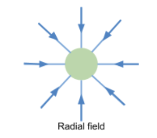 <ul><li><p>Force varies with position</p></li><li><p>Field lines spread out as distance increases</p></li></ul><p></p>