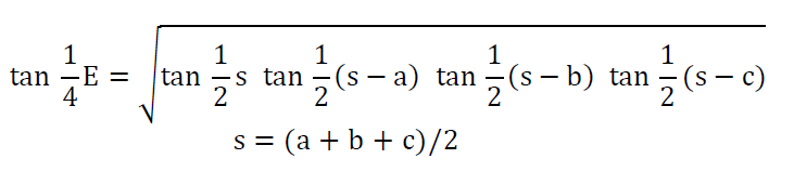 <p>A  = π r<sup>2</sup> E / 180°</p><p>Note: See pic for computation of spherical excess, given the sides</p>