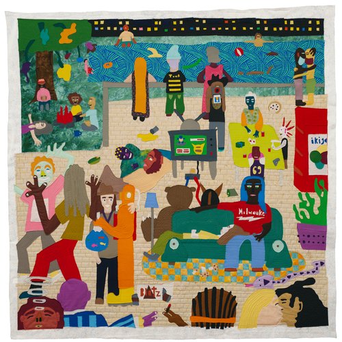 
His artwork consists of knitting and making quilts