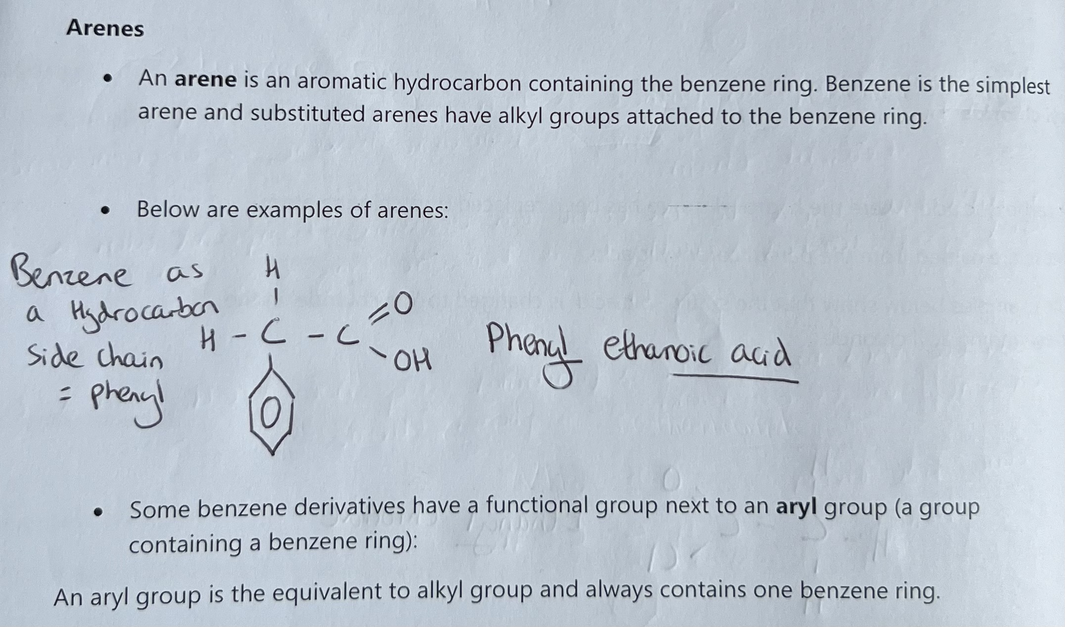 <p>An aryl group is often represented as Ar-</p><p>The simplest aryl group is the phenyl group, C6H5, derived from benzene, C6H6</p>