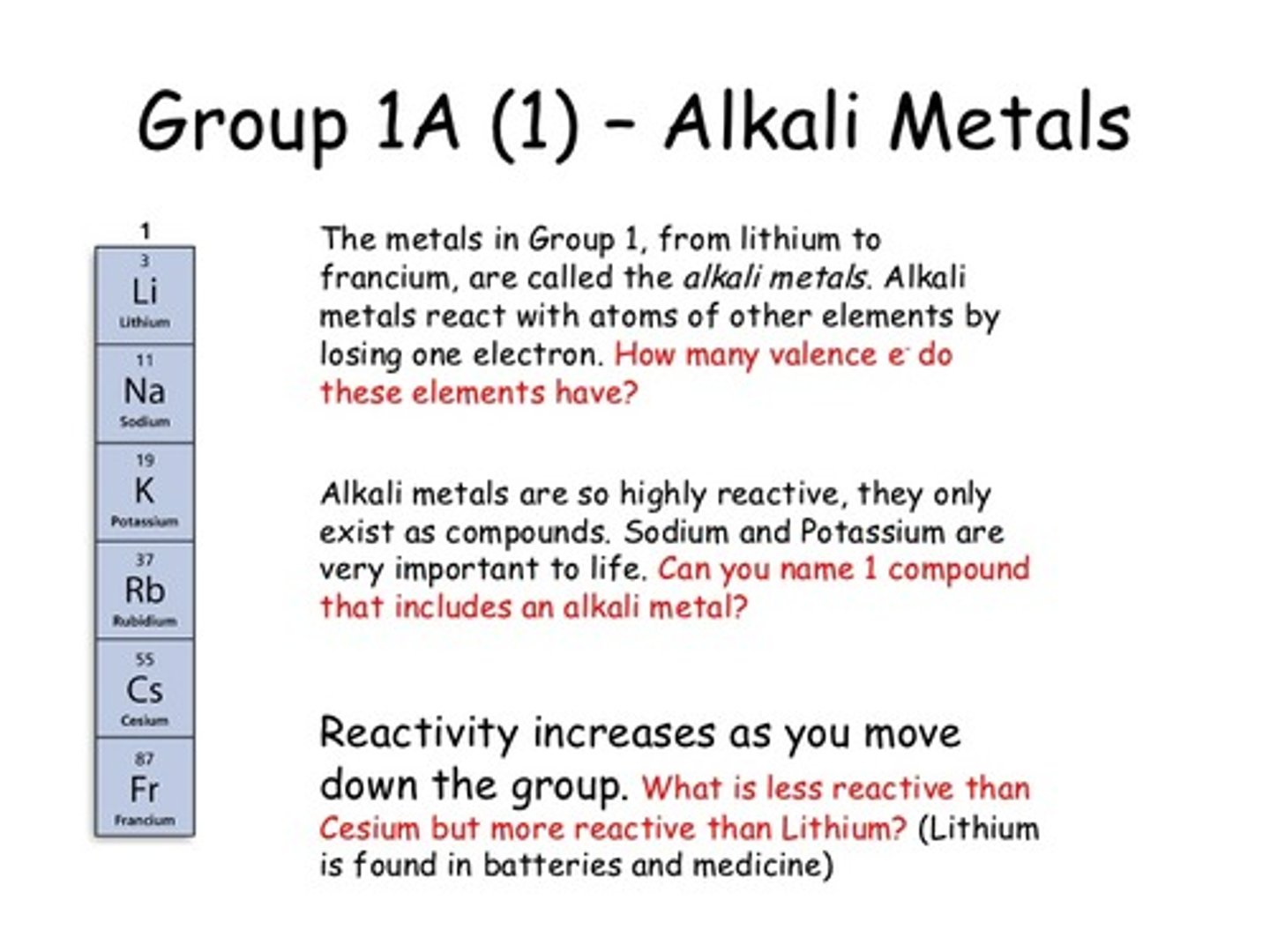 <p>(A) Group 1A</p><p>Alkali metals are found in group 1A (also called group 1) on the periodic table.</p>