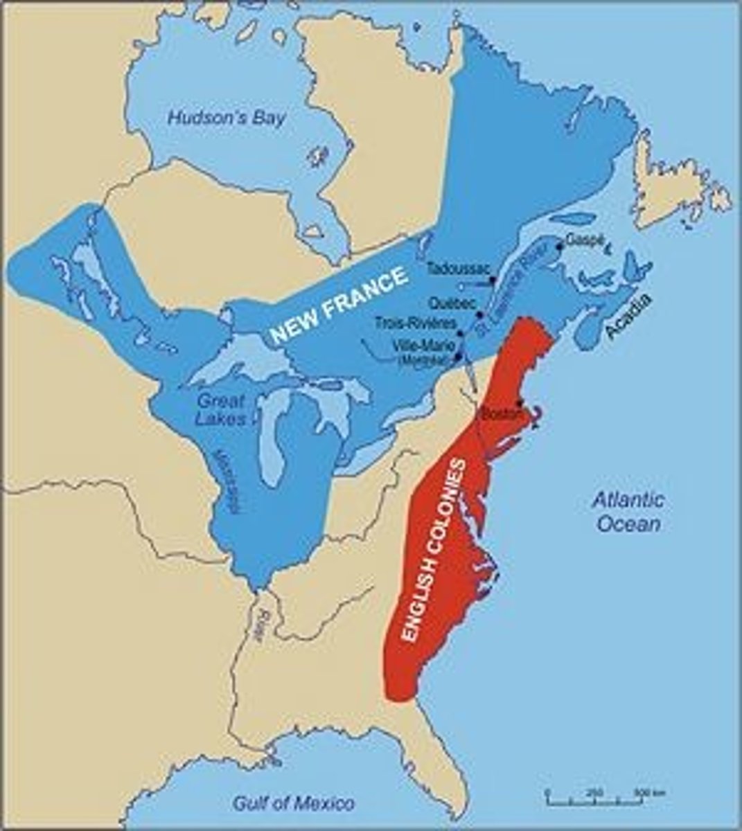 <p>This was the territory colonized by France in North America, beginning with the exploration of the Saint Lawrence River by Jacques Cartier in 1534 and ending with the cession of New France to Great Britain and Spain in 1763 under the Treaty of Paris. The French were primarily interested in the territory as a commercial venture, never establishing large numbers of colonists, and instead relied on trade alliances and intermarriage with American Indians to build economic and diplomatic relationships (to challenge the English settlements) and acquire furs and other products for export to Europe.</p>