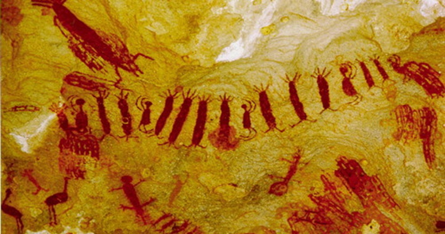<p>Cave Paintings in the namesake city of Brazil depicting humans and animals dancing, they are all depicted in red</p>