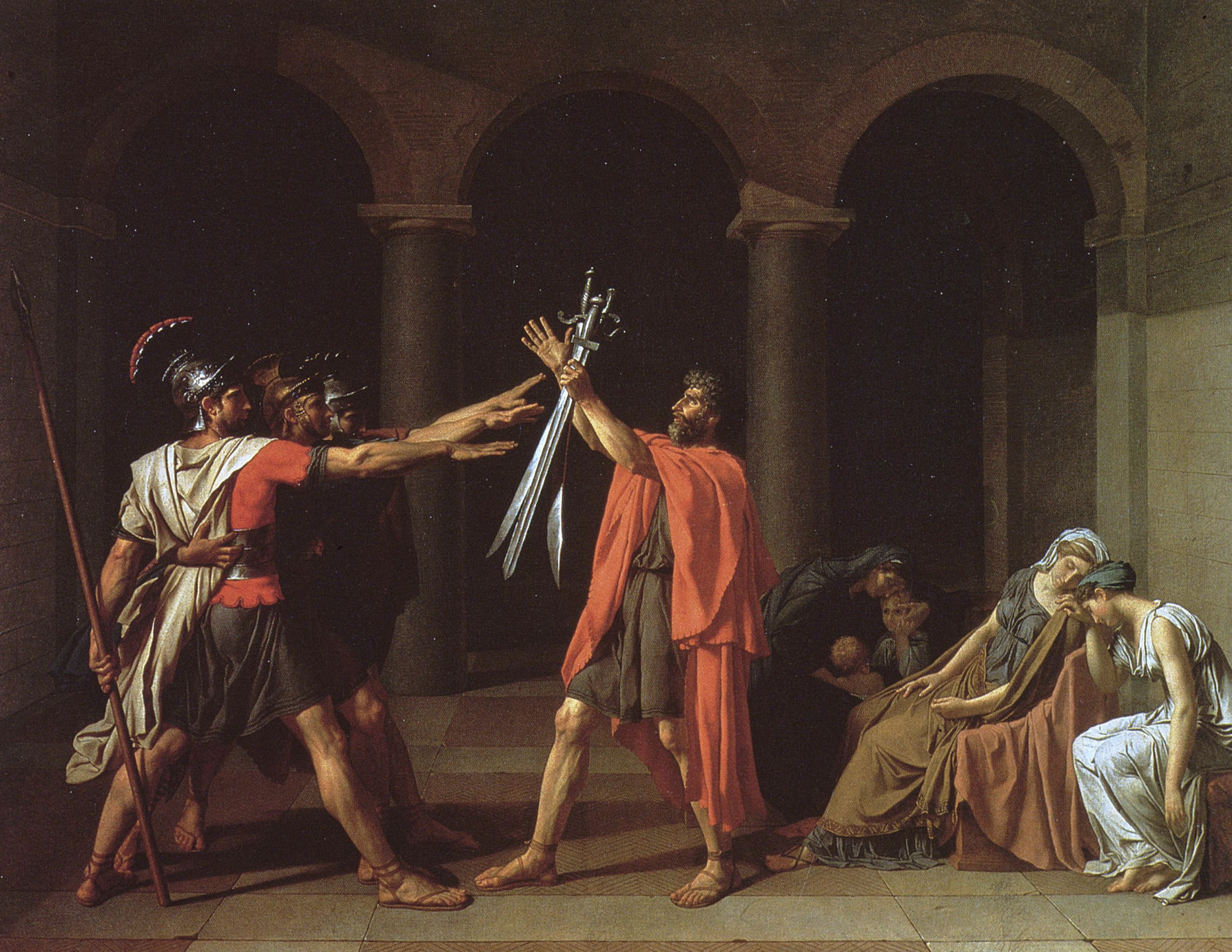 <p>Huge painting, artist was originally a Rococo artist but studied Roman and renaissance art later. Subject is an old Roman story that had been translated into a play in the artist’s home country. Tells that tale of two cities about to go to war who settle the dispute by pitting three men against the other city’s three men. Three sons were chosen to represent Rome, they are on the left. Arches organize the painting into three distinct groups. Figures of the men are very sharp, muted colors except for pops of red. They are so united they blend together but we can clearly see their hands and the oaths they are making with them. Women on the right give us the emotional aspect of the story: the woman on the right is their sister but she is engaged to a man who will fight for the other city, the woman on the middle is the sister of the man who and the woman on the left is from the family, represents how the families are intermixed. They are slumped over with muted colors: shows the cost to both families that this fight will bring. King bought this painting in an attempt to appear more progressive. Inspirational story, idea is that art should teach people something: people must put the community good over their own interest. </p>