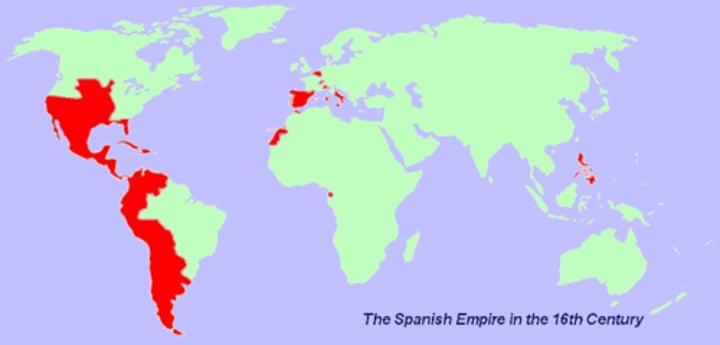 <p>Made up of territories and colonies in Europe, Africa, and Asia controlled from Spain. At its strongest, it was one of the biggest empires in world history according to how much land they had, and one of the 1st global empires. Royalty from the Castile and Aragon kingdoms ruled it. Christopher Columbus led the first Spanish exploration trip which led them to colonizing in the Americas.</p>