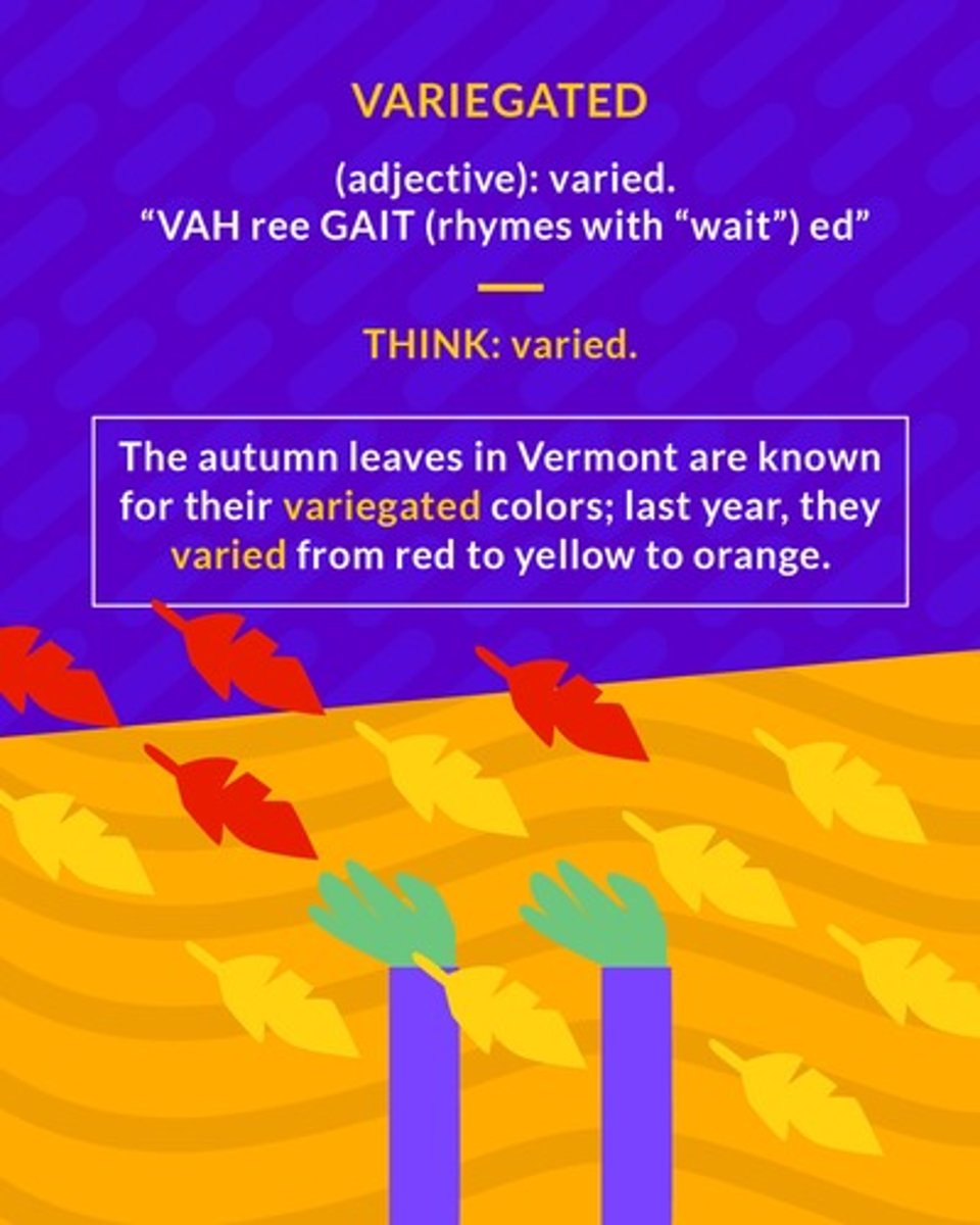 <p>varied as to form, type, or color</p>