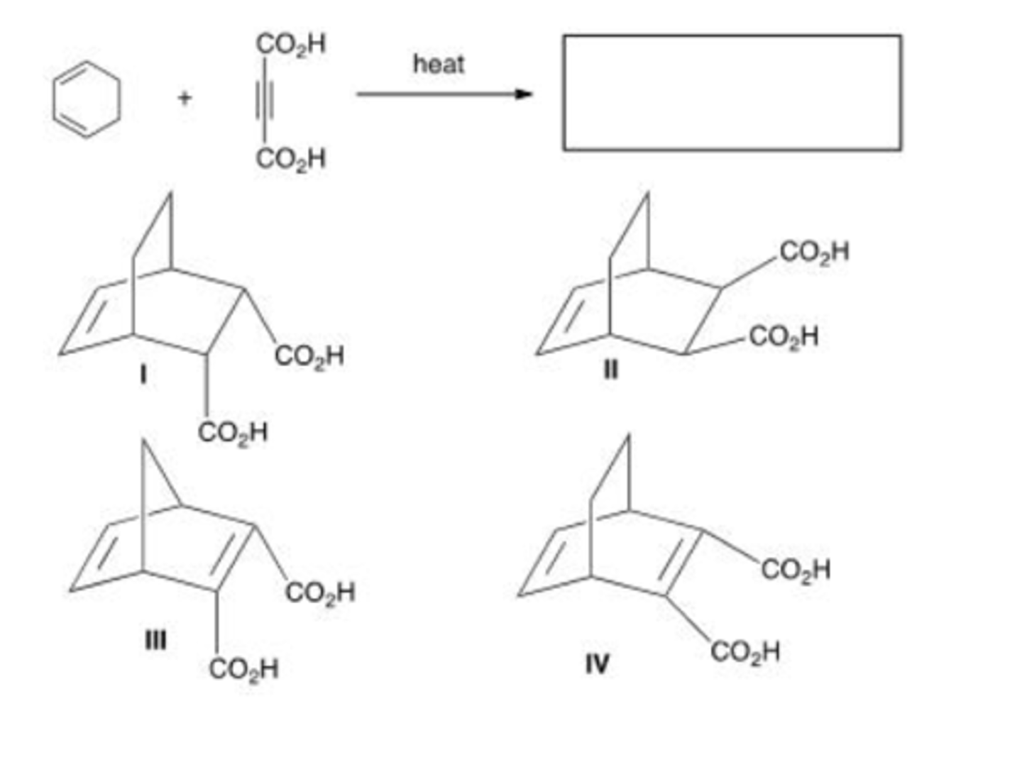 <p>What is the major organic product of the following reaction?</p><p>A. I</p><p>B. II</p><p>C. III</p><p>D. IV</p>