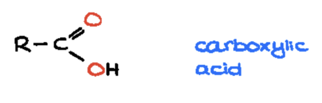 <p><span>carbon atom double-bonded to an oxygen atom (a carbonyl group) and also single-bonded to a hydroxyl group (-OH)</span></p>