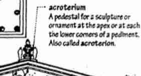 <ul><li><p>A pedestal for a sculpture or ornament at the apex or at each of the lower corners of a pediment</p></li><li><p>Also called <strong>acroterion</strong>.</p></li></ul><p></p>