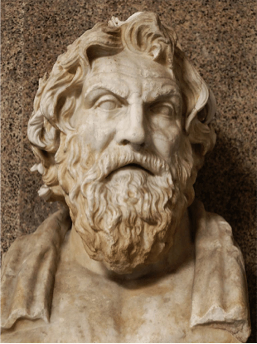 <p>attributed to Phryomachos, Roman copy, original ca. 3rd century BCE. Vatican museum. furrowed brows, thick long beard, wavy, stringy hair. very philosopher looking. rich, baroque style</p>