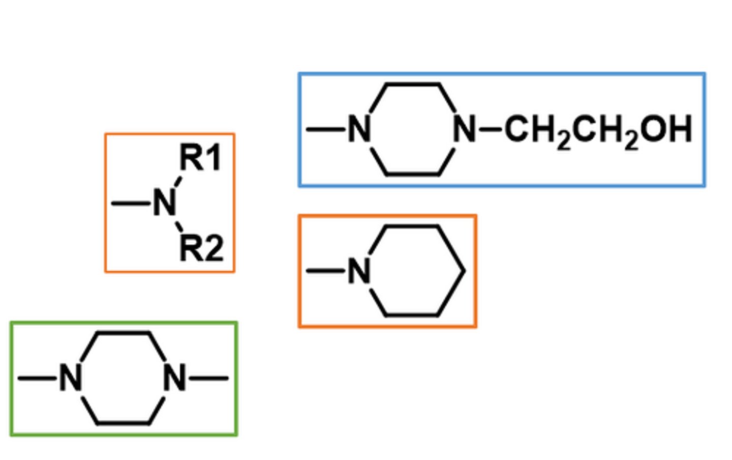 <p>What tertiary amine are important for phenothiazine activity. Which ones are circled in orange?</p><p>a. piperazine ring</p><p>b. piperidine ring</p><p>c. alkyl amine</p>