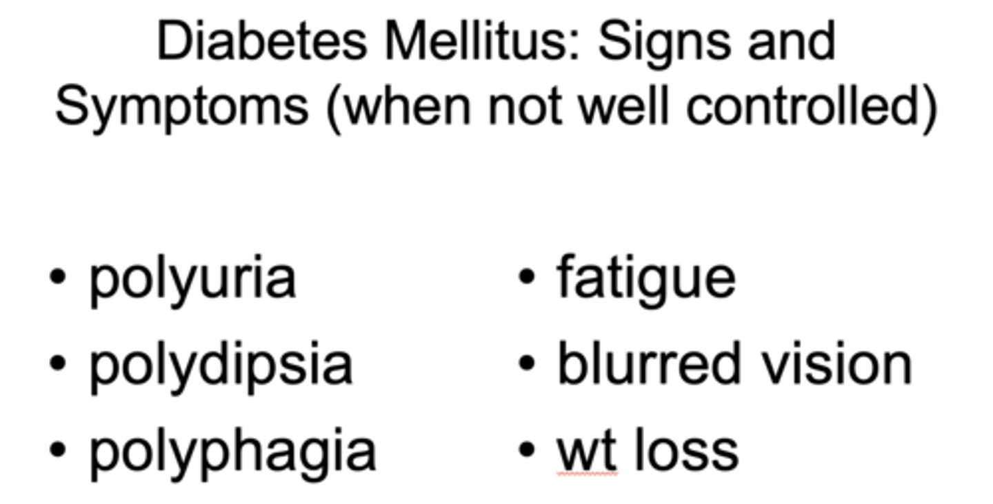 <p>- Polyuria</p><p>- Polydipsia</p><p>- Polyphagia</p><p>- Fatigue</p><p>- Blurred vision</p><p>- Weight loss</p>