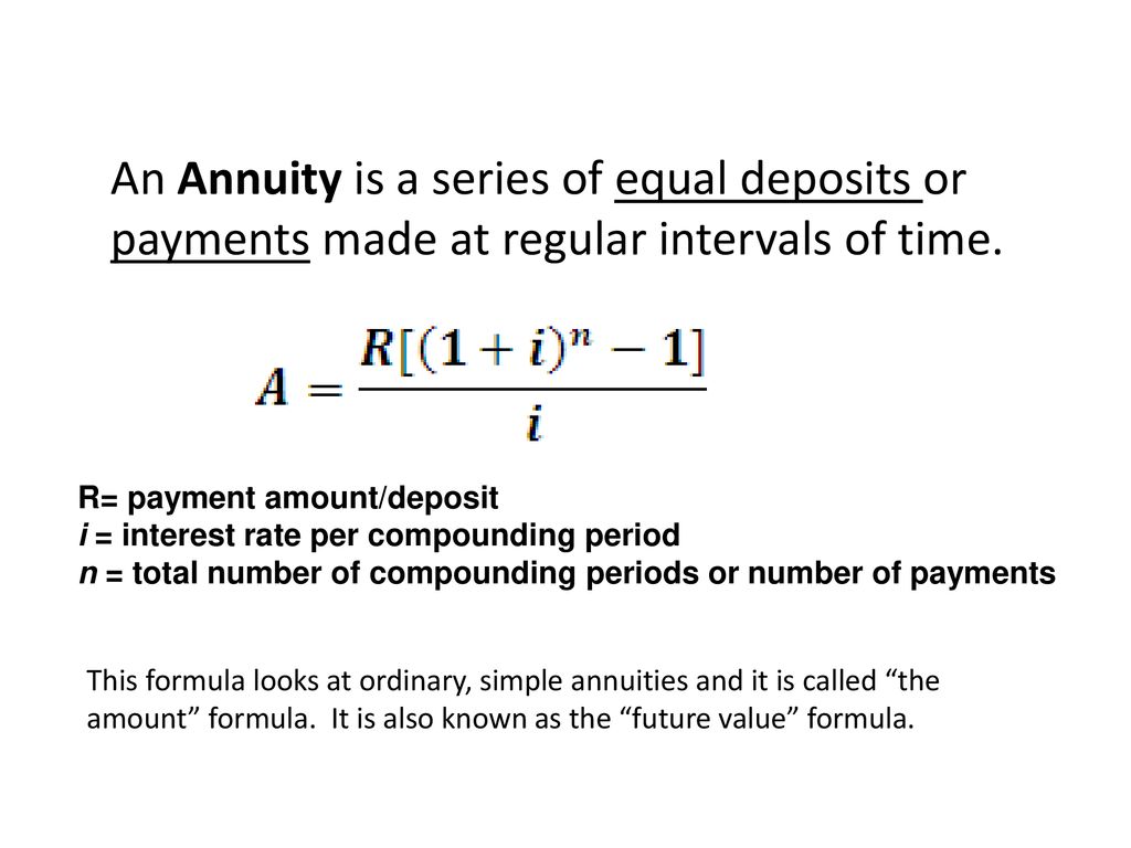 <p>Future value can be deposited for a single amount or for a series of deposits (or payments) called in annunity</p><p></p><p>$50 deposited a year at 7% for six years</p><p></p><p>Formula shown below</p>