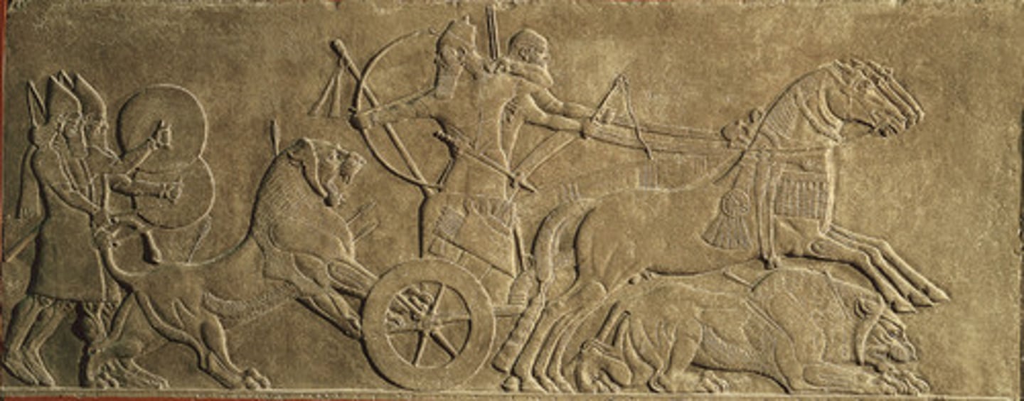 <p>Assyrian king who conquered lands stretching across north Mesopotamia during the Iron Age; his palace had a decorated throne room</p>