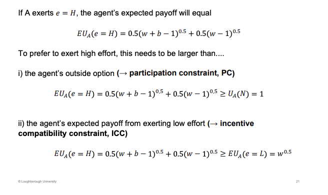 <p>Principal wants to agent to be H effort.</p><p>&nbsp;</p><p>Agent has a 50/50 chance of S and U of the project.</p><p>&nbsp;</p><p>ICC - better than the low effort outcome.</p>