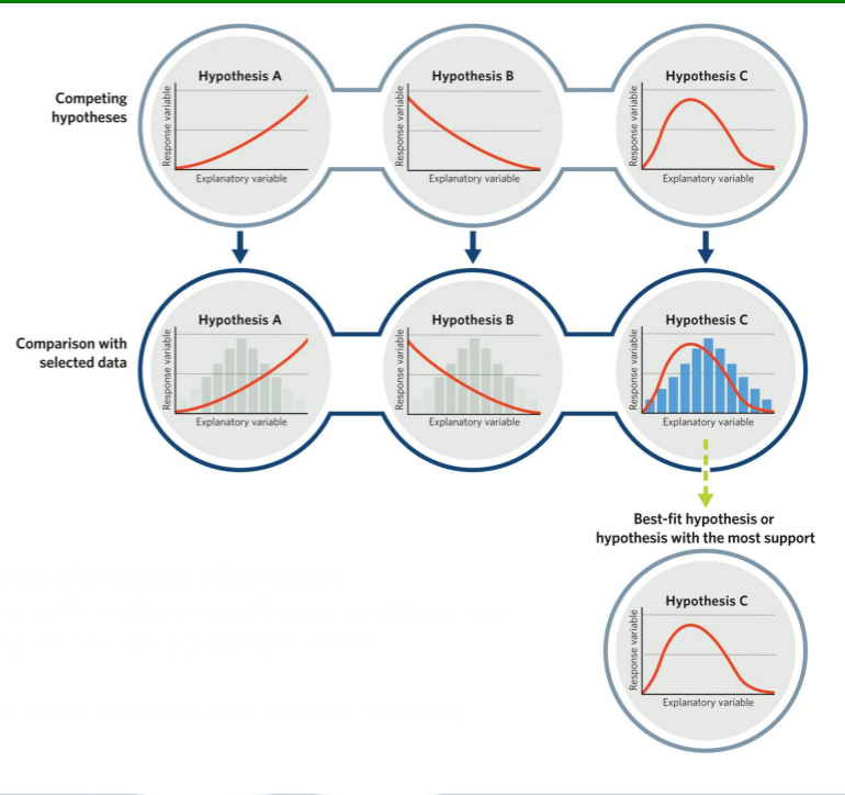 <ul><li><p>provides a considerable philosophical departure from the classical hypothesis testing framework outlined in the previous section</p></li><li><p>Instead of aiming to falsify a hypothesis that suggests that a particular factor has no effect, the approach aims to evaluate multiple competing hypotheses for their relative support by the data.</p></li><li><p>If A is true you would expect the response variable to rise as the explanatory variable rises</p></li><li><p>If hypothesis B is true you expect the opposite</p></li><li><p>If hypothesis C is true, you expect the hump shape curve, first is rises then goes back down again</p></li><li><p>Then go and collect data, does the data suggest increase, decrease or a hump</p></li></ul><p></p>