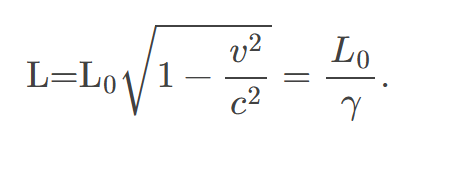 <p>𝐿<span><span>, the shortening of the measured length of an object moving relative to the observer’s frame: </span></span>L=L0⁢√1−𝑣2𝑐2=𝐿0𝛾</p>