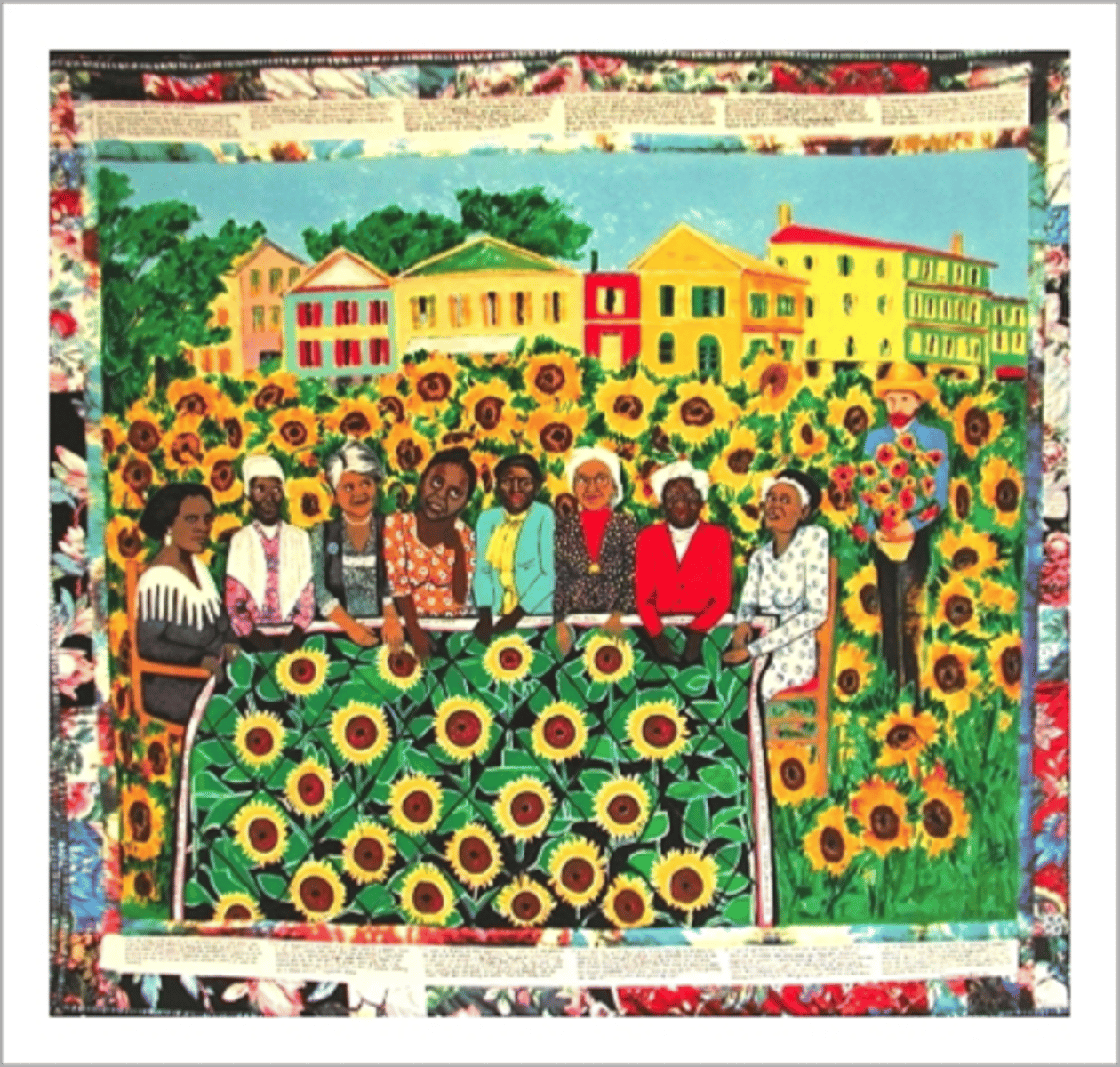 <p>a pioneering American artist who revolutionized the "story quilt" genre by combining painting, fabric, and text to narrate Black American life, history, and identity. Her work often centers on themes of freedom and the African American experience, best exemplified by Tar Beach (1988), which features a young girl soaring over a Harlem rooftop.</p>