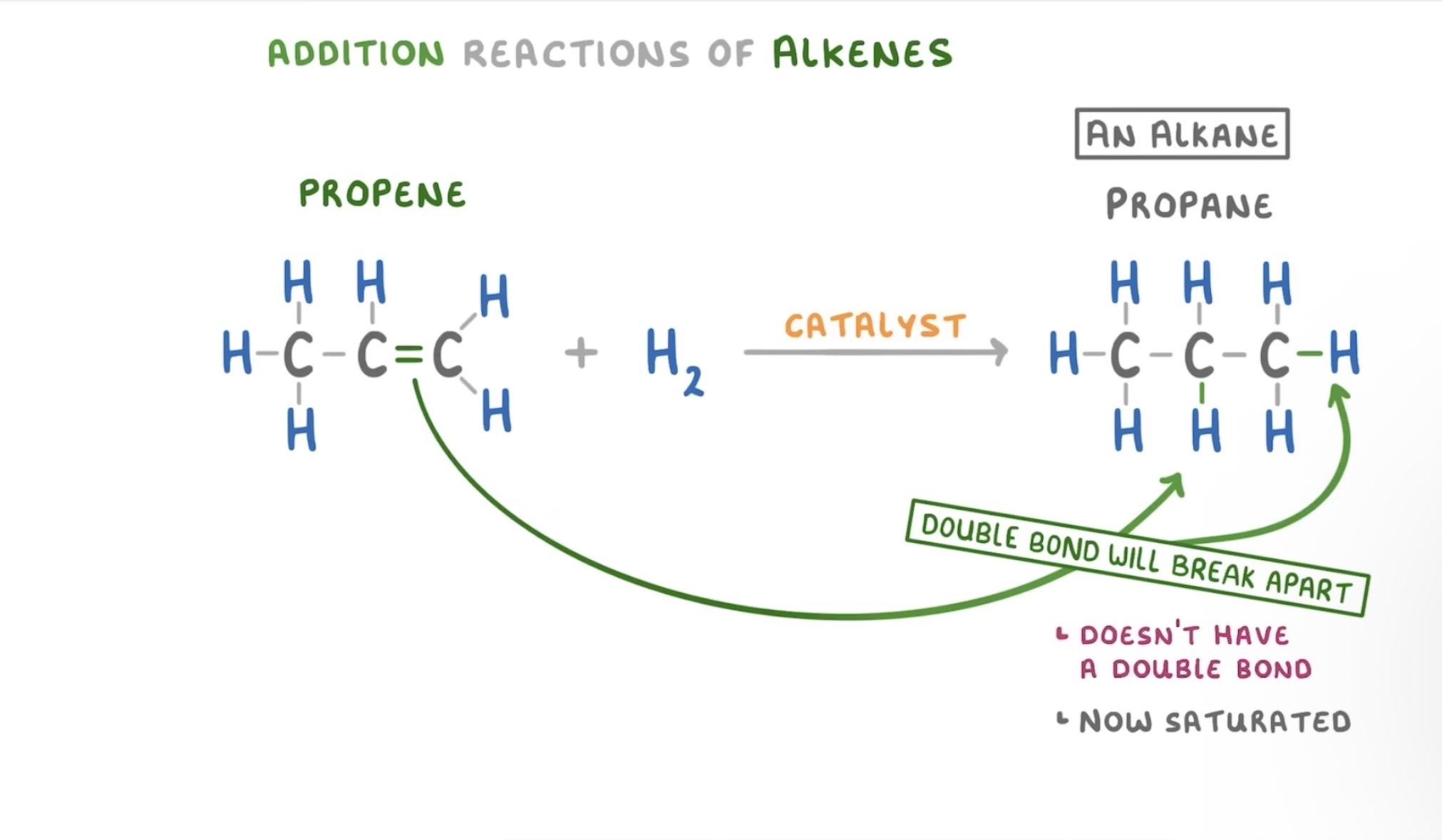 <p>Hydrogen can react with the double bonded carbons to open up the double bond and form the equivalent saturated alkane</p><p>The required a catalyst to take place</p><p>The product doesn’t have a double bond so it’s now a saturated alkane</p>