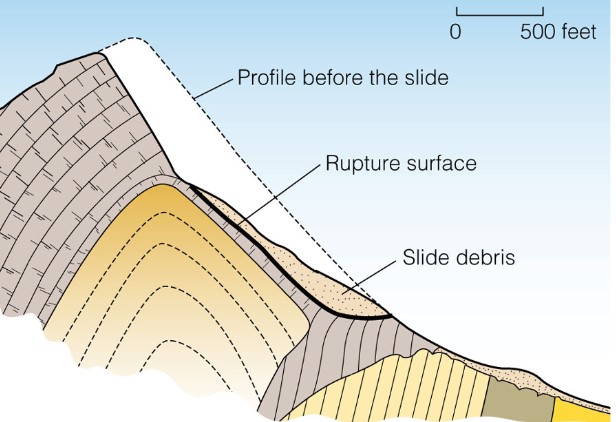 <ul><li><p>started as a translational slide</p><ul><li><p>grained speed and dev into sturzstrom</p></li></ul></li><li><p>event lasted less than 100 secs</p></li><li><p>slope failure occurred along fractured limestone planes</p></li><li><p>based on the speed and distance of the sturzstrom, it is thought to have traveled on a cushion of compressed air</p></li><li><p>The rock moved from Turtle Mountain (lower \n left), buried the town of Frank, crossed the river and surged 120m up the other slope.</p></li><li><p>The river eventually cut through and opened the channel again</p></li></ul>