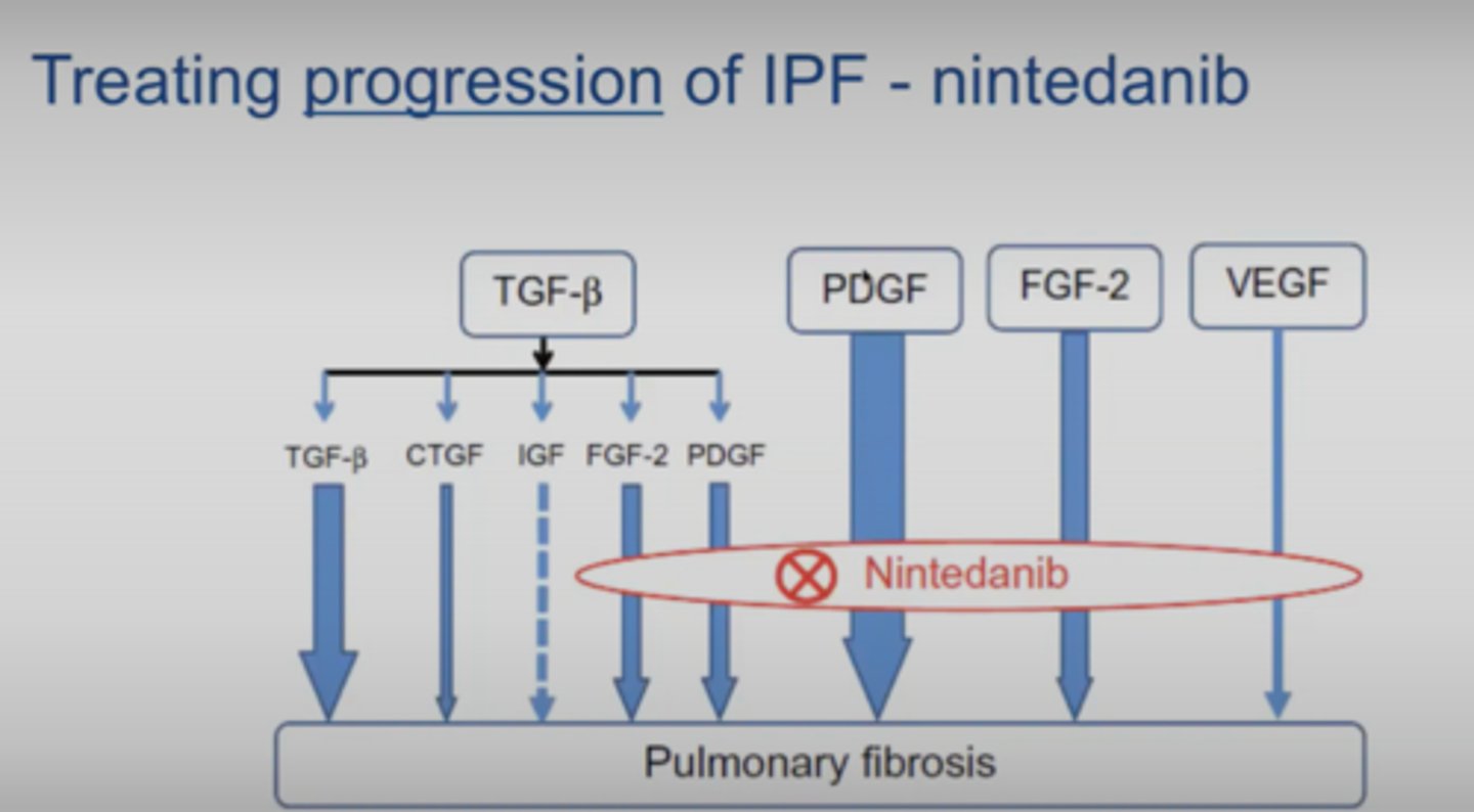 <p>Ofev</p><p>ATP-competitive inhibitor of tyrosine kinase receptors</p><p>- lowers FGF</p><p>- for pulmonary fibrosis</p>