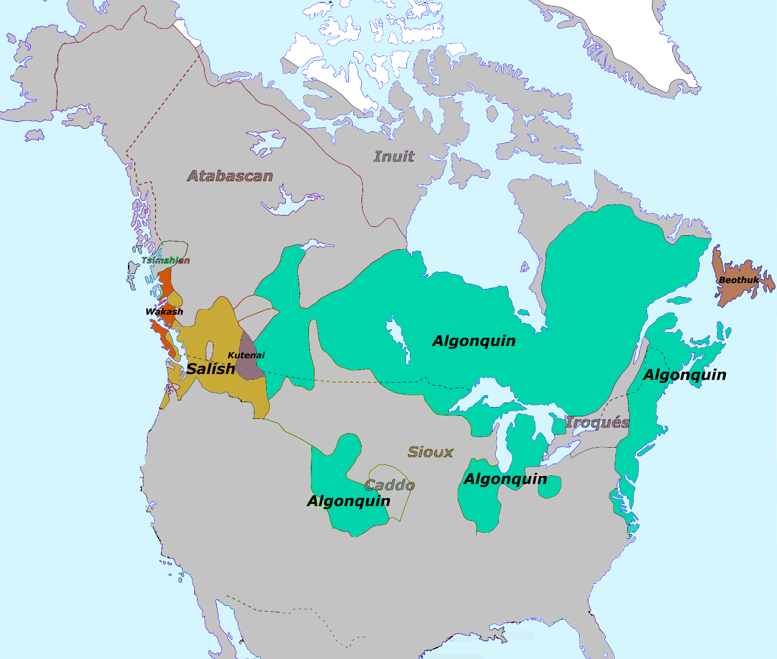 <p>An American Indian group in the Northeast, prominent along the Atlantic coast who spoke the Algonquian language, and were headed in eastern Canada and the Great Lakes region. </p>