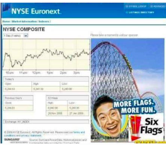 <p>According to our in-class work on what makes great communication, this Six Flags Theme Park ad on the financial new website is likely violating:</p>