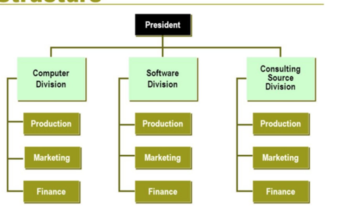 <p>departments around product, customer, geographic regions</p>