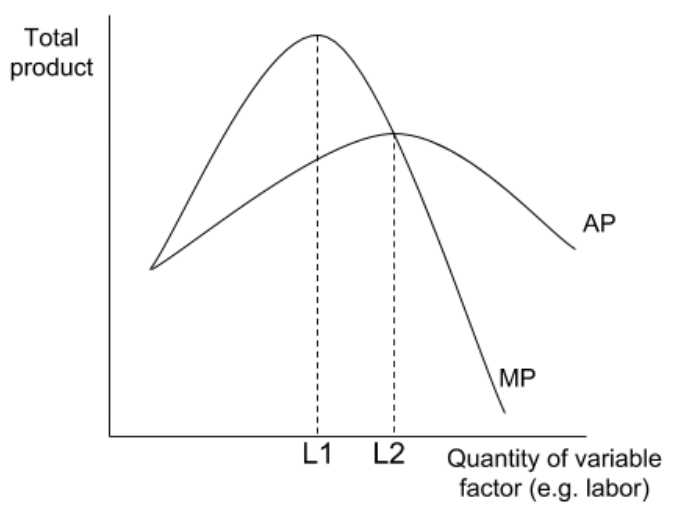<p>as more of a variable factor (of production) is added to a fixed factor (of production) the additional to total output will eventually begin to decline.</p><ul><li><p><strong>Total product</strong> – total quantity of goods or services produced with given inputs. This simply means the total output being produced.</p></li><li><p><strong>Average product</strong>&nbsp;(AP) – quantity of goods or services produced per some quantity of input. Normally, we choose to calculate the average product of labour: divide the total quantity by the number of workers.</p></li><li><p><strong>Marginal product</strong>&nbsp;(MP) – the additional quantity added to total product as one more unit of a factor is added. For example, a pizzeria adds one more cook and their total quantity of pizzas produced increases by 50, the marginal product of that additional worker is 50.</p></li></ul><p></p>