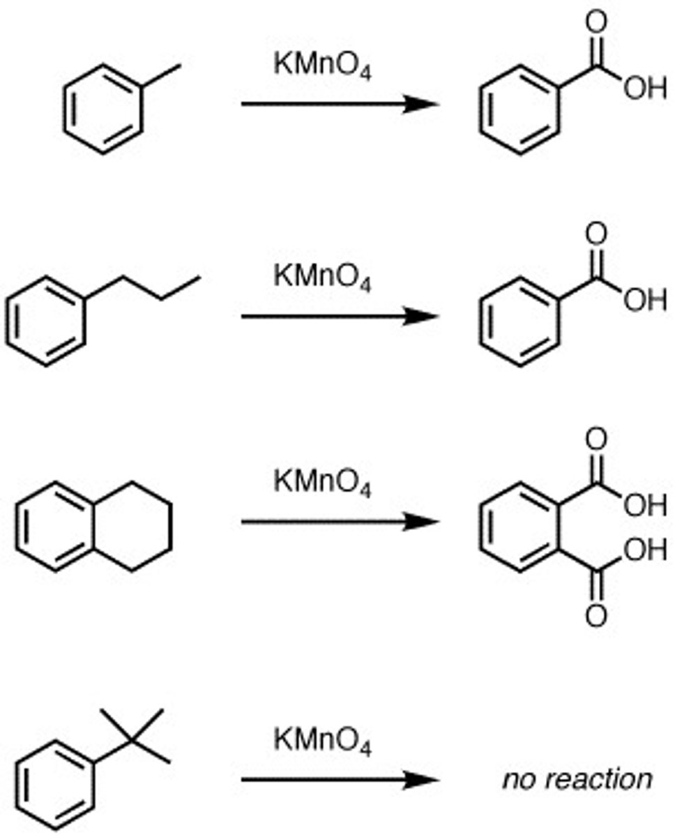 <p>Aromatic alkane give aromatic ring with carboxy acid (reaction only works if there is a hydrogen attach to the Carbon) **Carboxy acid attaches to the benzylic position (spot directly adjacent to the aromatic group)</p>