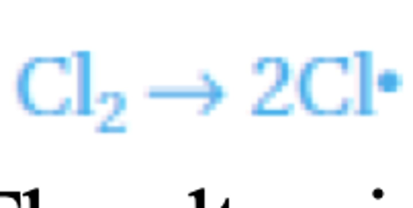<p>The ultraviolet light (sunlight) provides the energy needed to break the Cl-Cl bond, splitting</p><p>some chlorine molecules into two atoms (radicals). This bond breaks as it is weaker than the</p><p>alternative C-H bonds</p>