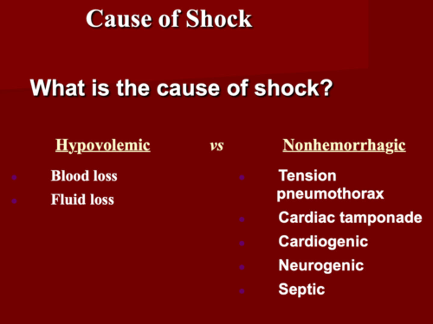 <p>1. Hypovolemic</p><p>2. Non-hemorrhagic</p>